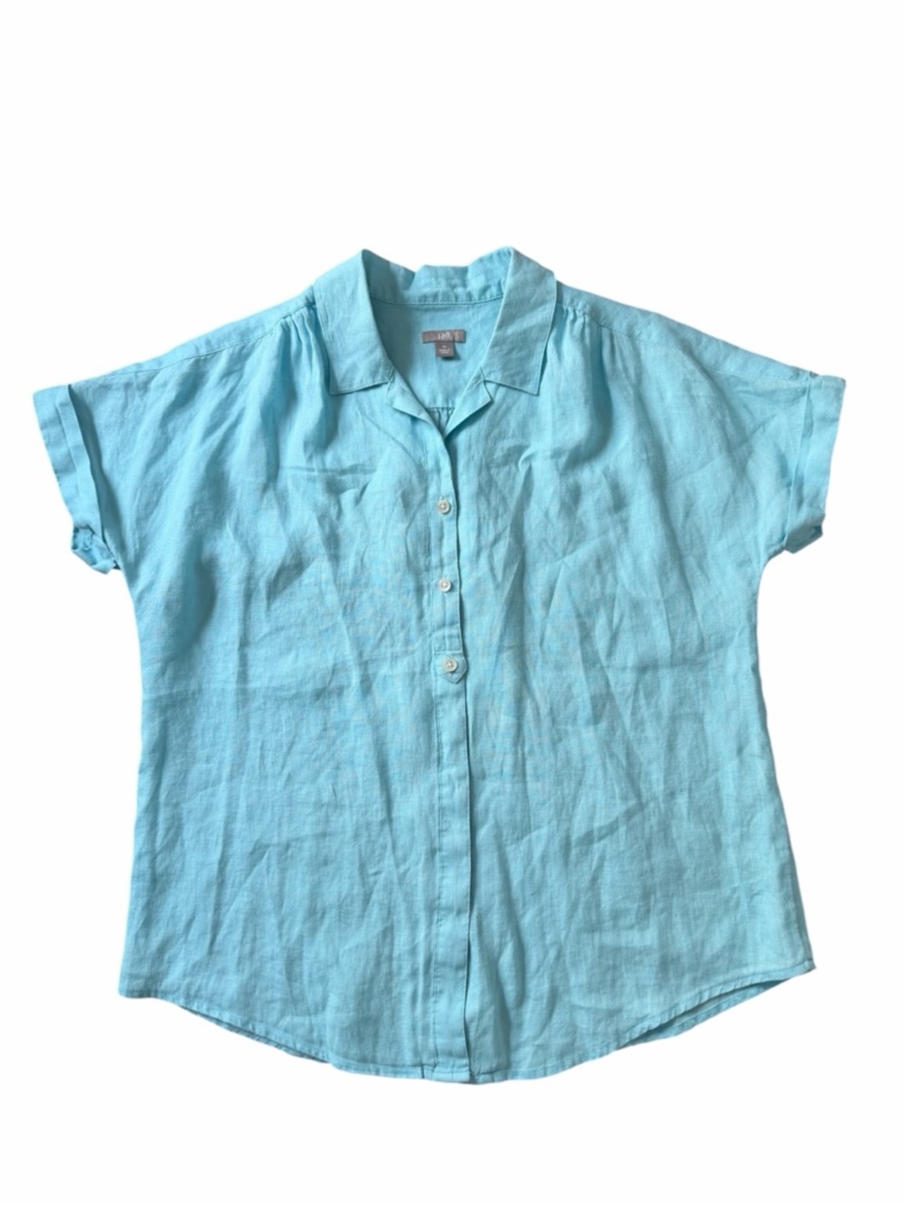 J. Jill Women's 100% Linen Blue Notched Collared Beachy Button Short Sleeve Sz M